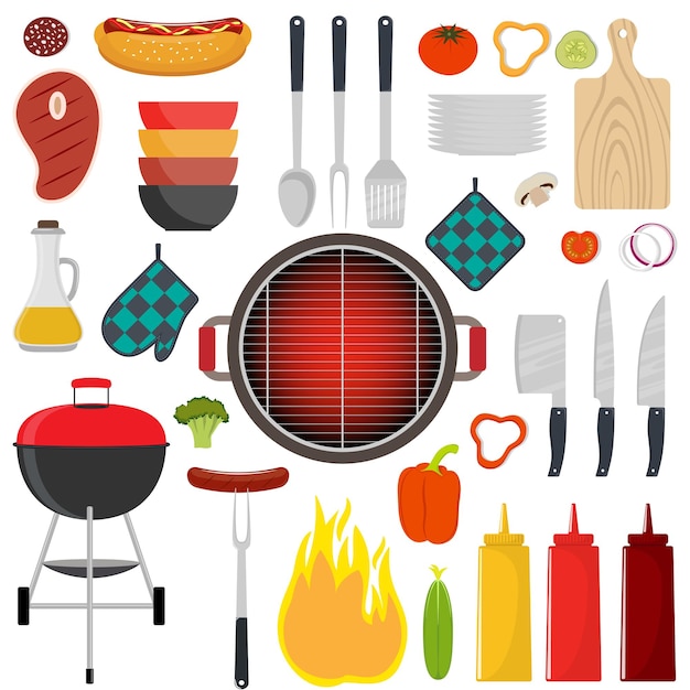 Barbecue party tools and food Grilled meat steak sausage vegetables