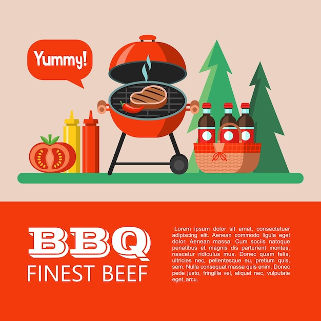 Barbecue, picnic. Appetizing steak is grilled, picnic basket with drinks, ketchup, mustard, tomato. On the background of the forest. Yummy. Summer holidays in nature. Vector illustration.