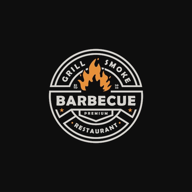 Barbecue restaurant emblem badge logo design with grill fire flame vector illustration