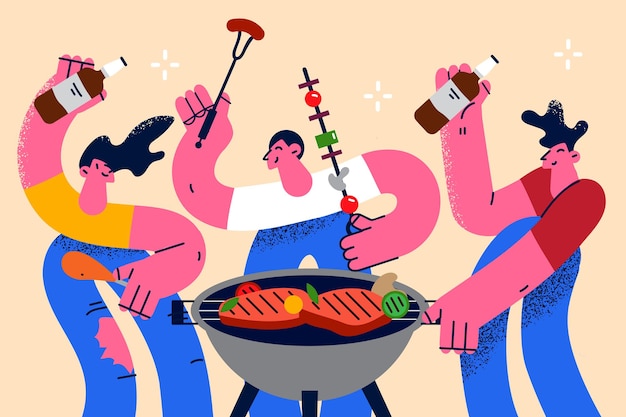 Barbecue summer party fun concept. Group of young positive people friends having bbq party roast sausages and meat drinking beer having fun together vector illustration