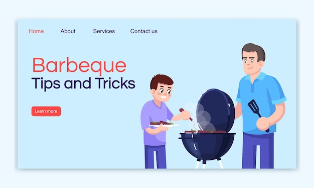 Barbecue tips and tricks landing page vector template. Outing website interface idea with flat illustrations. Cooking outdoor homepage layout. Summertime leisure cartoon web banner, webpage