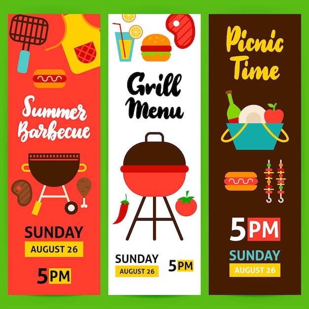 Barbecue Vertical Flyer Set. Flat Design Vector Illustration of Brand Identity for Grill Promotion.