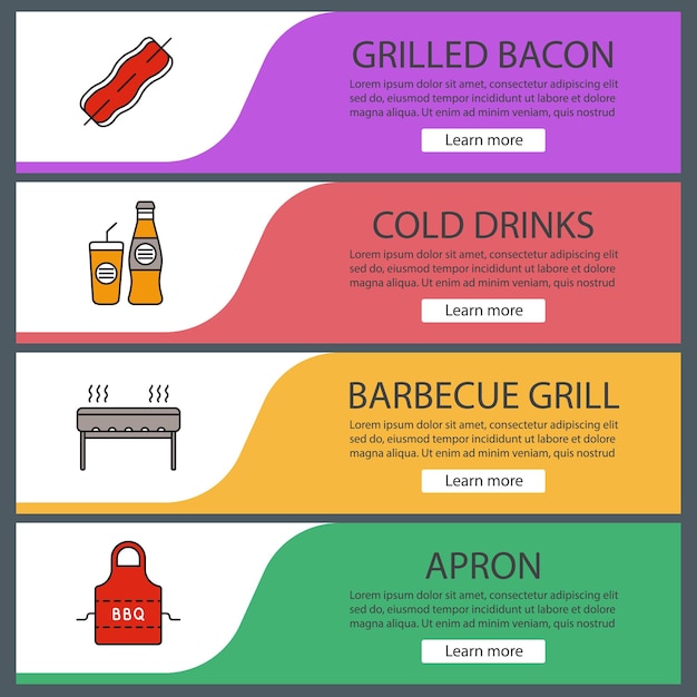 Barbecue web banner templates set. Website color menu items. BBQ. Bacon on skewer, cold drinks, grill, apron. Vector headers design concepts