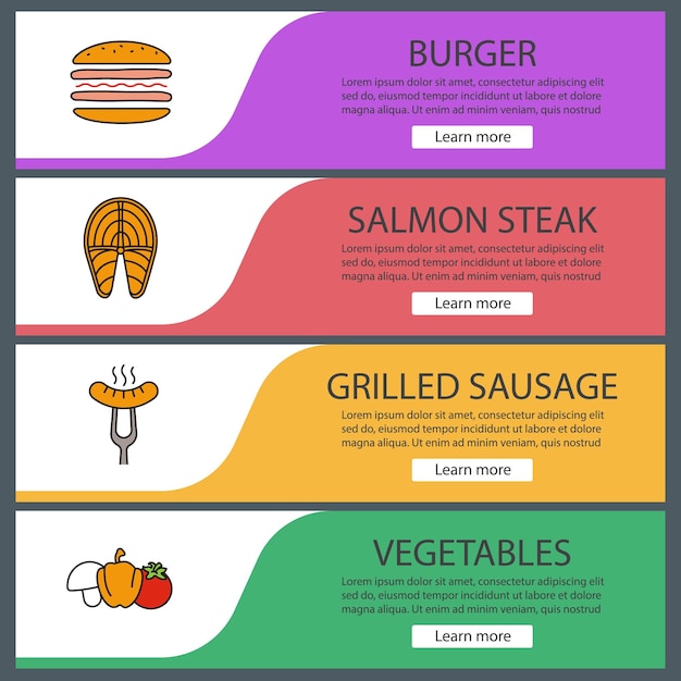 Barbecue web banner templates set. Website color menu items. Burger, salmon fish steak, grilled sausage, vegetables. Vector headers design concepts