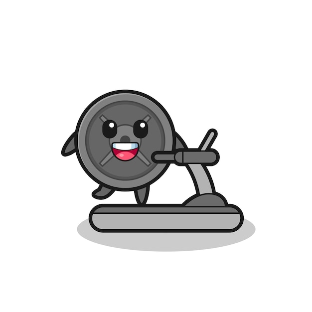 Barbell plate cartoon character walking on the treadmill