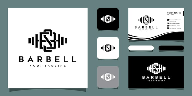 Barbell sport logo, vintage and badge concept with business card design Premium Vector