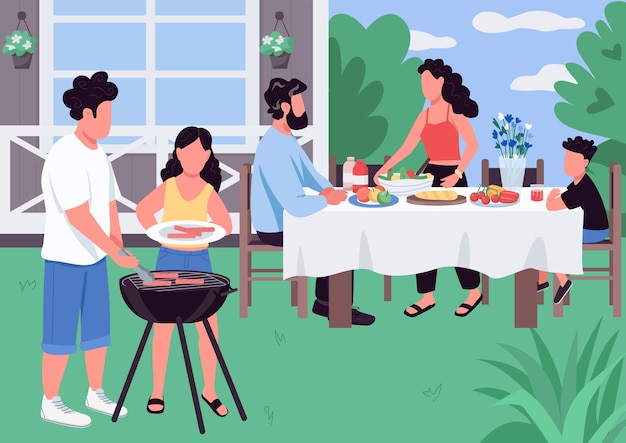 Barbeque flat color illustration. BBQ in house backyard. Barbecue for parents and children. Holiday activity. Caucasian family 2D cartoon characters with landscape on background