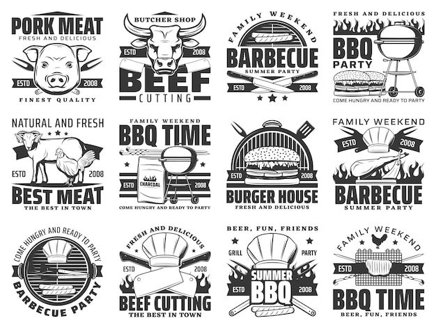 Barbeque meat bbq icons set vector signs isolated