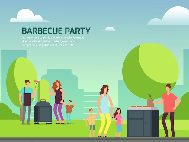 Barbeque party poster. Cartoon character families in park