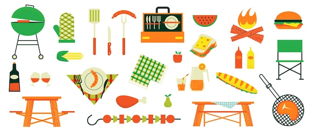 Barbeque picnic Summer outdoor party with fried meat grilled sausages and drinks Family weekend with snacks and sport games Vector food and equipment set for camping recreation