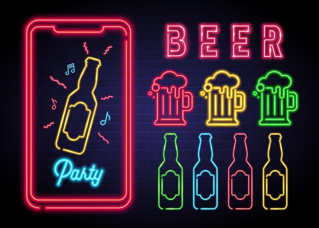 Barber party logo and phone icon set with neon light glowing elements