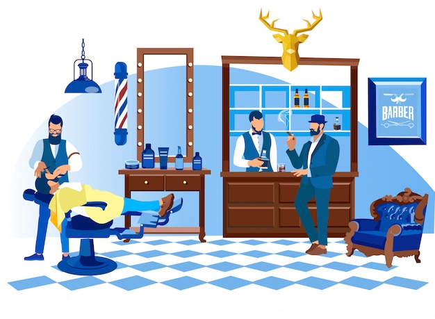 Vector barber shaving customer with straight razor, salon