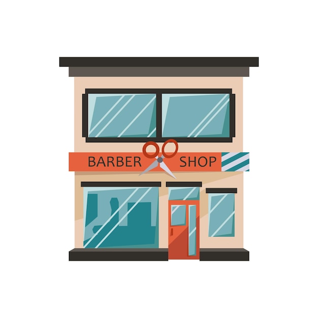 Barber shop Facade store building in flat style Urban small shop isolated on white background Vector illustration