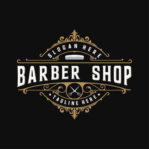 barber shop logo design with ornamental elements scissors and comb