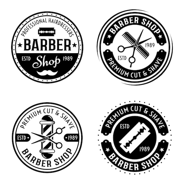 Barber shop set of vector round emblems badges labels or logos in vintage style isolated on white background