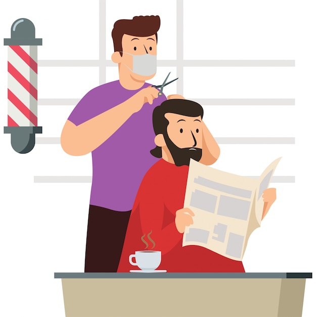 Barberman is working like usual again during new normal in barbershop while keep using medical mask