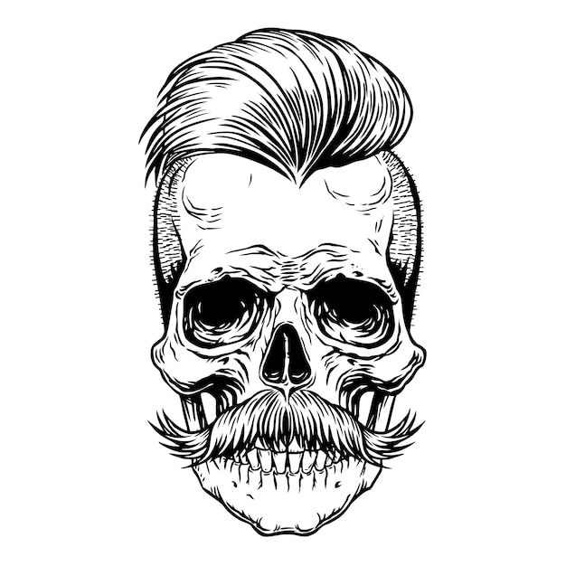 Barberman skull with mustache. Black tattoo design Hand drawn line art illustration