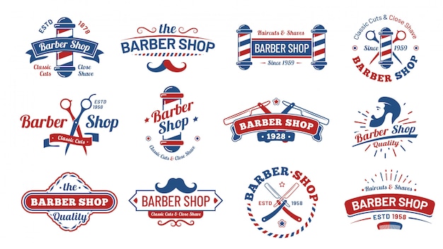 Barbershop badges. Vintage barber label, retro shave salon badge and gentleman haircut old sign  illustration set