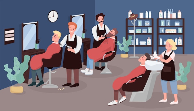 Vector barbershop flat color illustration. barber service. hairdressing. men beauty salon. caucasian hairdressers doing male haircut 2d cartoon characters with furniture on background