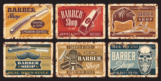 Barbershop haircut vintage grunge signs with skull and beard