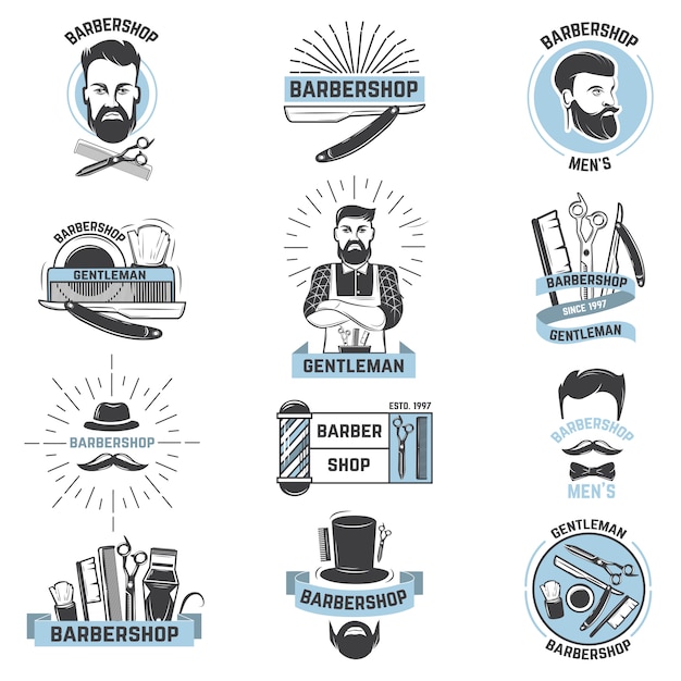 Barbershop logo vector barber cuts male haircut and barbed mustache of bearded man with razor in hipster salon on logotype illustration set isolated on white space