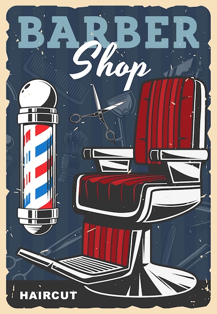 Barbershop retro poster, haircut stylist salon vintage banner