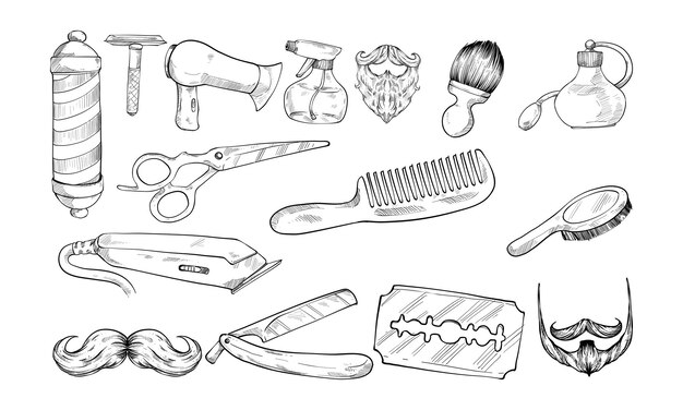 Vector barbershop tools handdrawn collection engraving