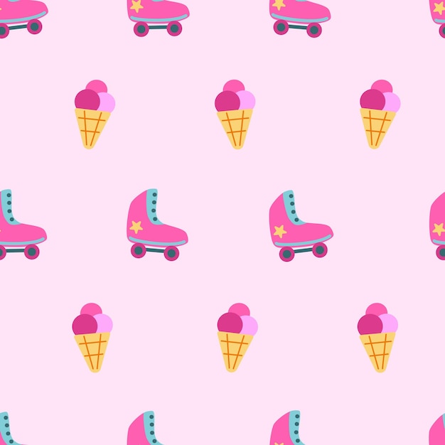 Barbiecore hot pink toy roller skates and icecream vector seamless pattern Doll themed colorful wallpaper background