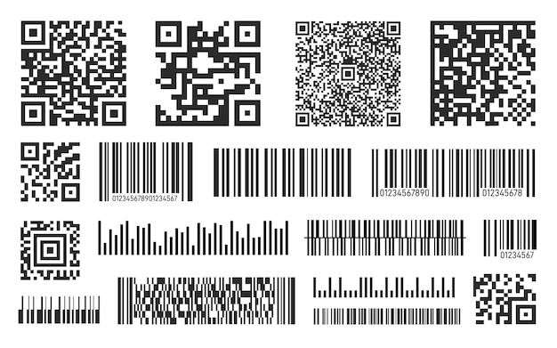 Barcodes Black barcode qr code for scanning Coupon shopping bag or product info coding Identity signs stickers personal vaccination symbols exact vector set