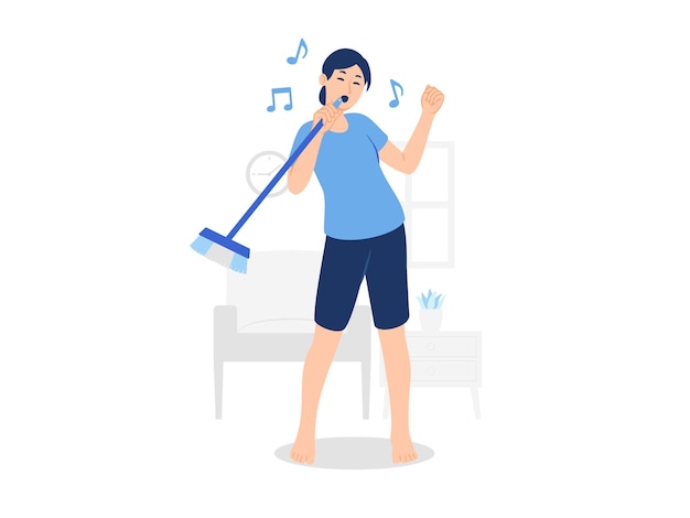 Barefoot lady cleaning room singing dance with broom housekeeping home cleaning concept illustration