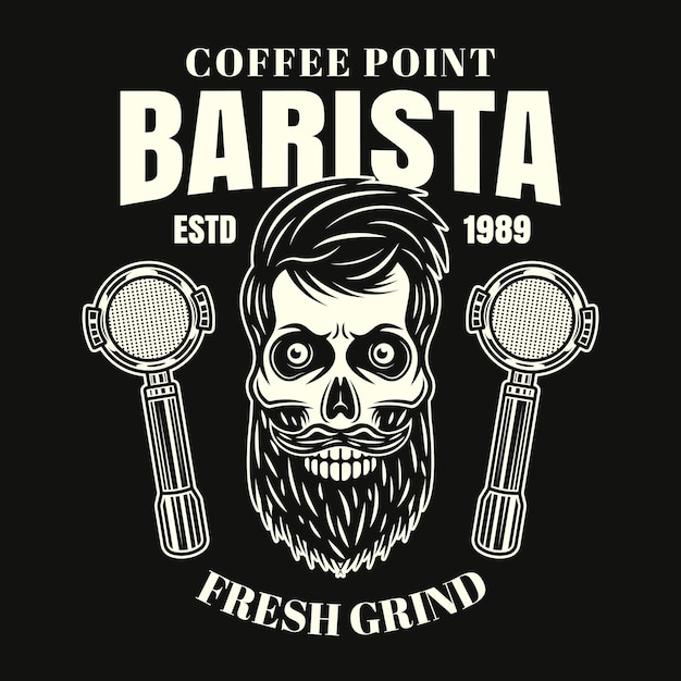 Barista bearded skull vector coffee emblem badge label or logo in vintage style on dark background