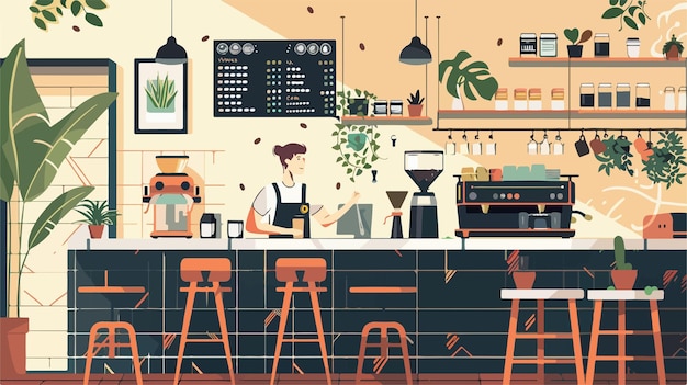 Vector barista in a cafe interior design of coffee shop