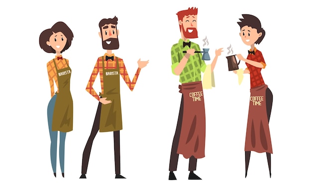 Barista Characters Set Cafe Staff in Uniform Making Coffee Cartoon Style Vector Illustration