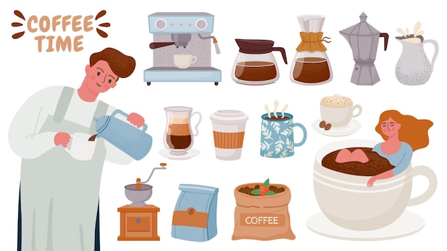 Barista and coffee maker. Tools for brewing cappuccino, espresso, cream, cups with hot breakfast drink. Coffee machine and pots vector set. Illustration cafe of cup, drink coffee