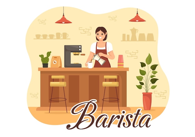 Barista Illustration With Wearing Standing Apron Making Coffee for Customer in Hand Drawn Template