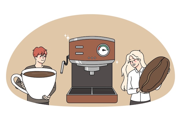 Baristas making coffee in modern machine