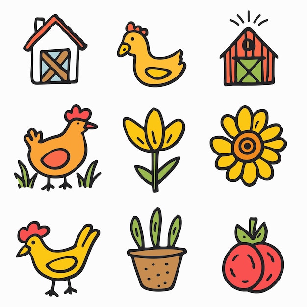 Barn farm icons set simple style Chicken flower tomato farmhouse simple illustrations