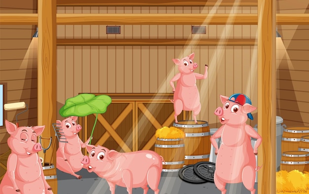 Barn indoor scene with farm animals