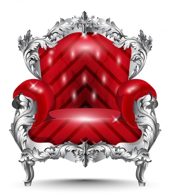 Baroque armchair silver ornament. Vintage furniture rich carved decor. Red upholstery Vect