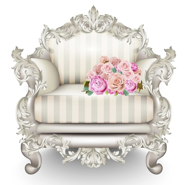 Baroque luxury armchair with roses, rich furniture carved ornamented