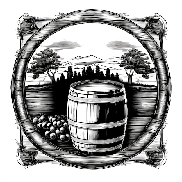 Vector barrel by the vineyard in old engrave style