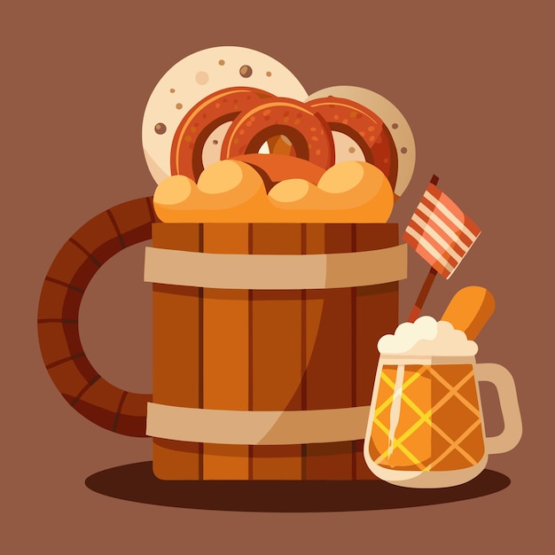 a barrel with a jug of food and a mug of beer