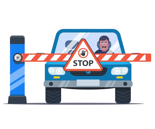 a barrier blocks the way to the car. upset driver. stop sign. flat  illustration.