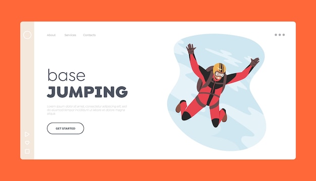 Vector base jumping extreme activities, recreation landing page template. skydiver character jumping with parachute soaring in sky. skydiving parachuting sport, parachutist fly. cartoon vector illustration