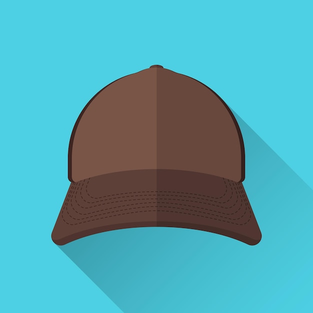 Baseball cap brown with mesh. Front view. On a blue background. Flat style. With a shadow. Old school. 10 eps