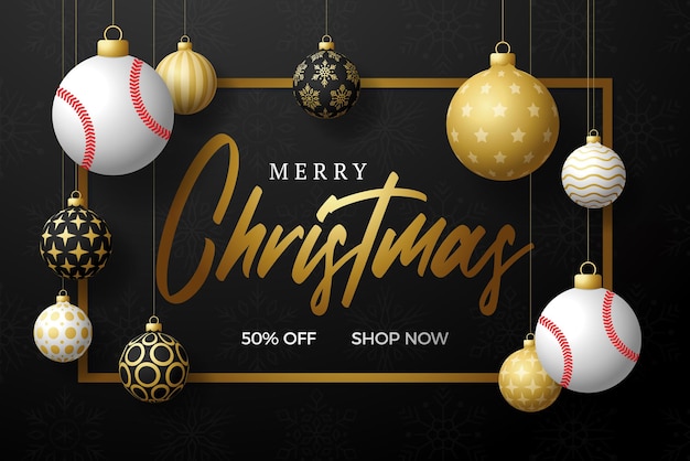 Baseball Christmas card. Merry Christmas sport greeting card. Hang on a thread baseball ball as a xmas ball and golden bauble on black horizontal background. Sport Vector illustration.