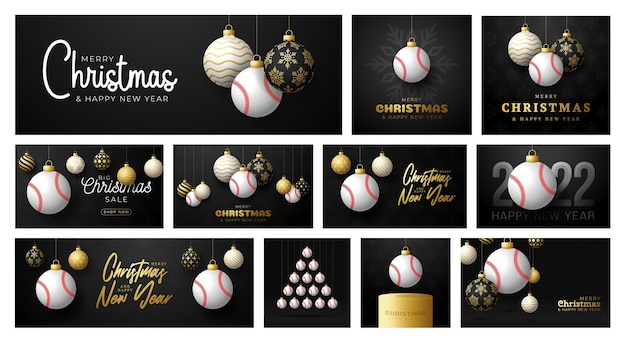 Baseball Christmas card set. Merry Christmas sport greeting card. Hang on a thread baseball ball as a xmas ball and golden bauble on black background. Sport Vector illustration collection.