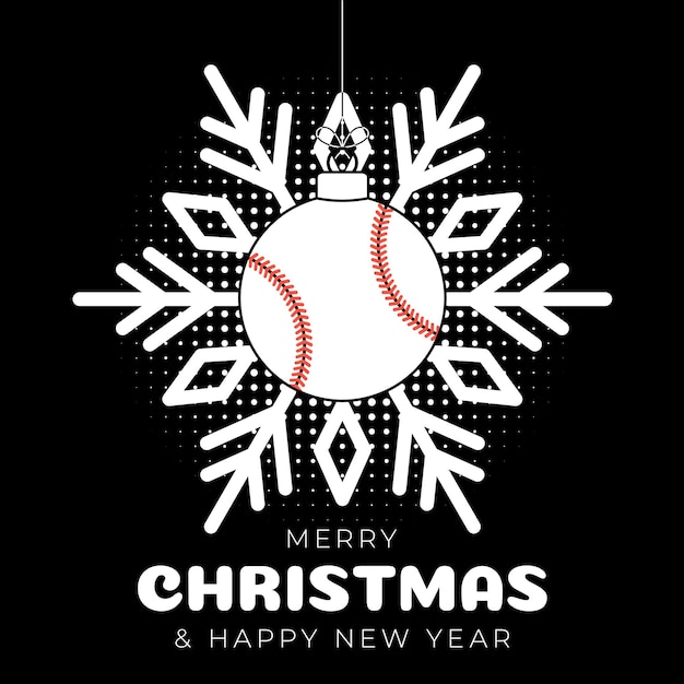 Baseball christmas greeting card Merry Christmas and Happy New Year outline style flat cartoon Sports banner Baseball ball as a xmas ball on black background Vector illustration