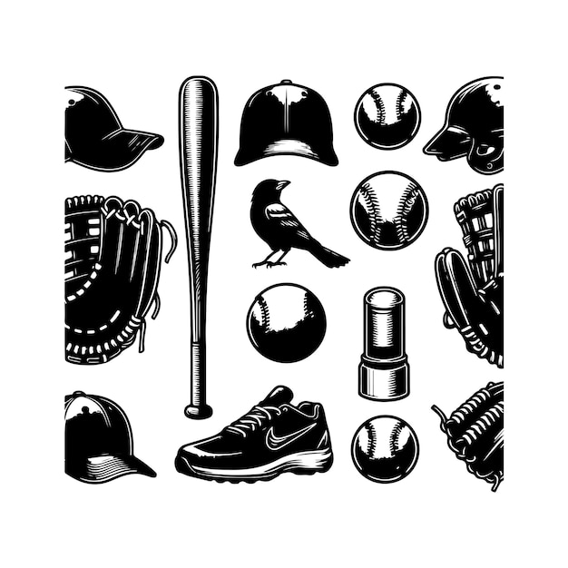 Baseball element Set silhouette vector and hand drawn doodle