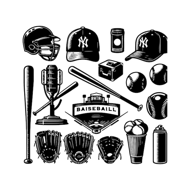 Vector baseball element set silhouette vector and hand drawn doodle